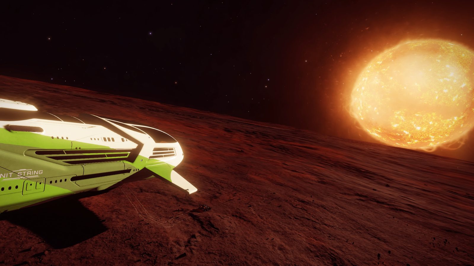 Scenic planetary surface with star and ship.