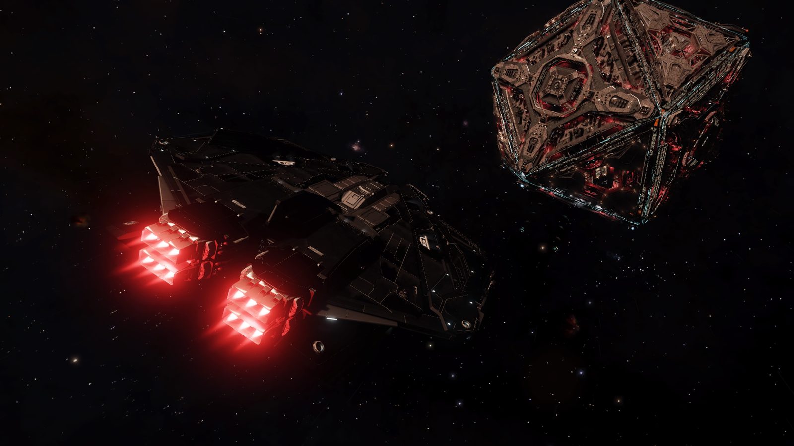 Clear space scene with ship engines glowing and a detailed station.