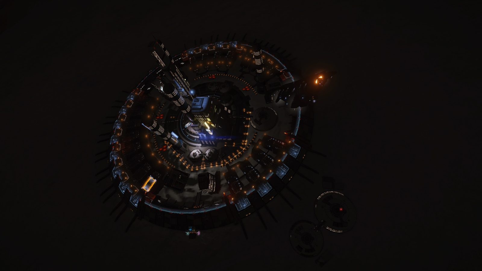Top-down view of space station with good lighting and detail.