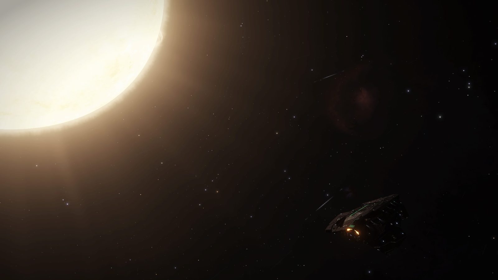 Good atmospheric space scene with clear ship and star contrast.