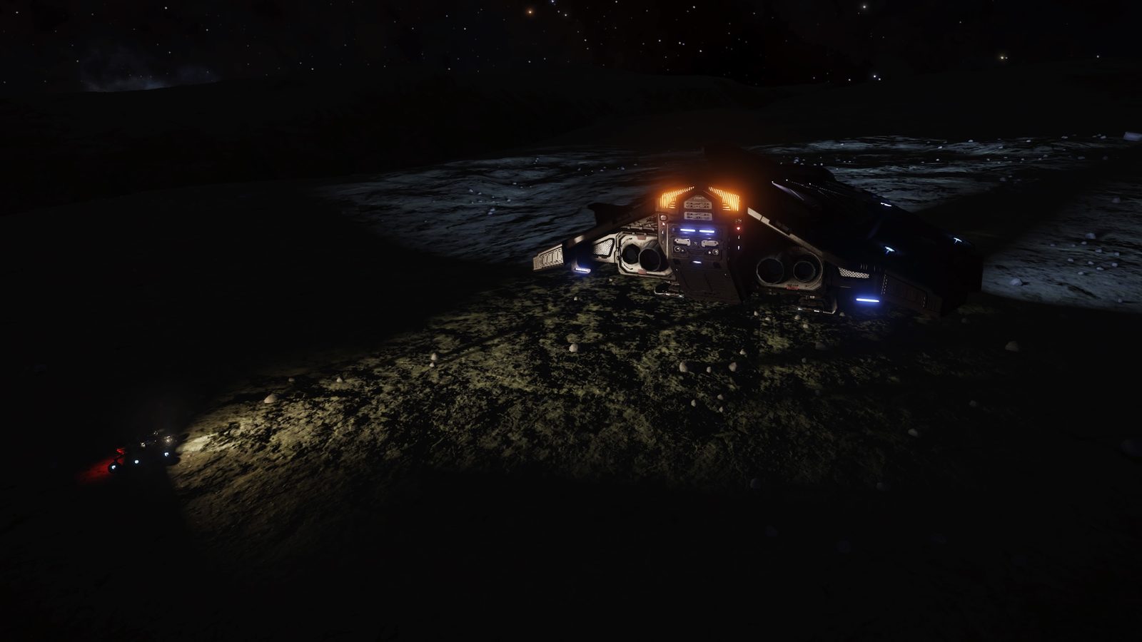 Clear surface scene with ship and terrain detail.
