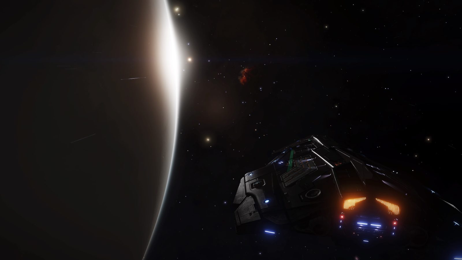 Ship near planet with star flare, atmospheric and scenic.