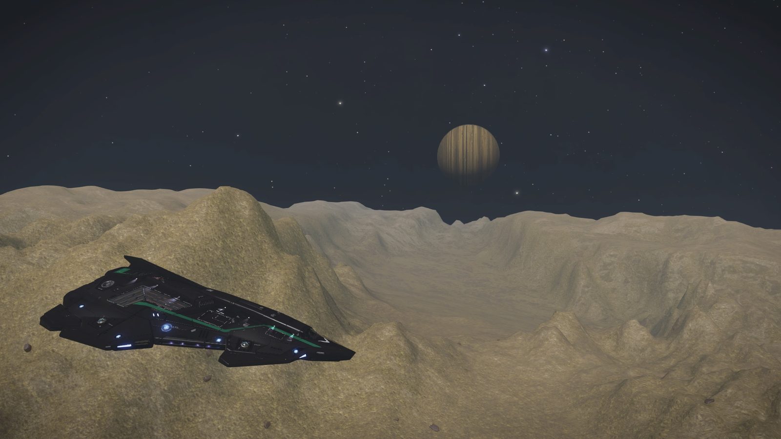 Surface landscape with ship and distant planet, scenic and scale-rich.