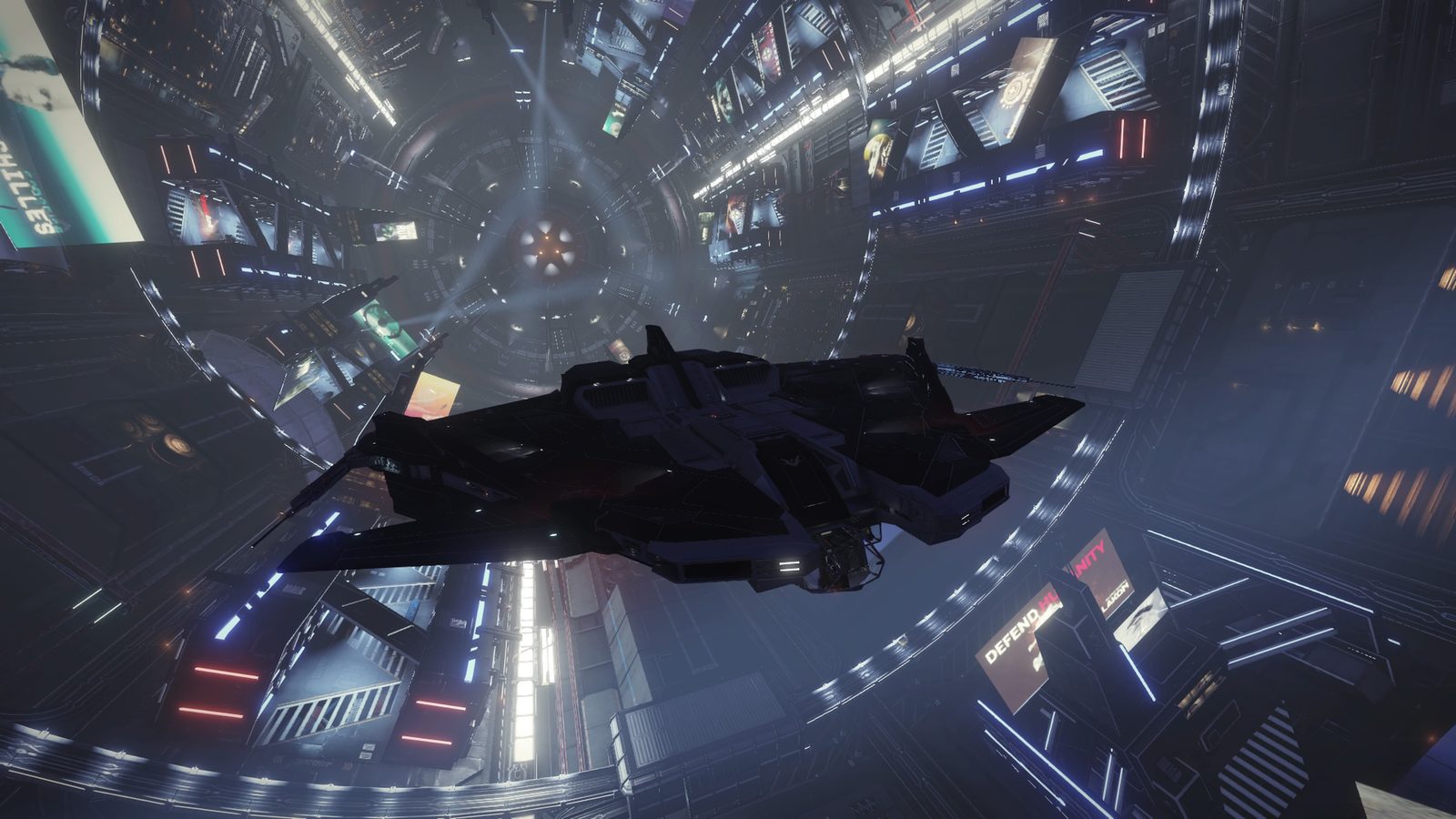 Ship silhouette against detailed station interior, good scale and lighting.