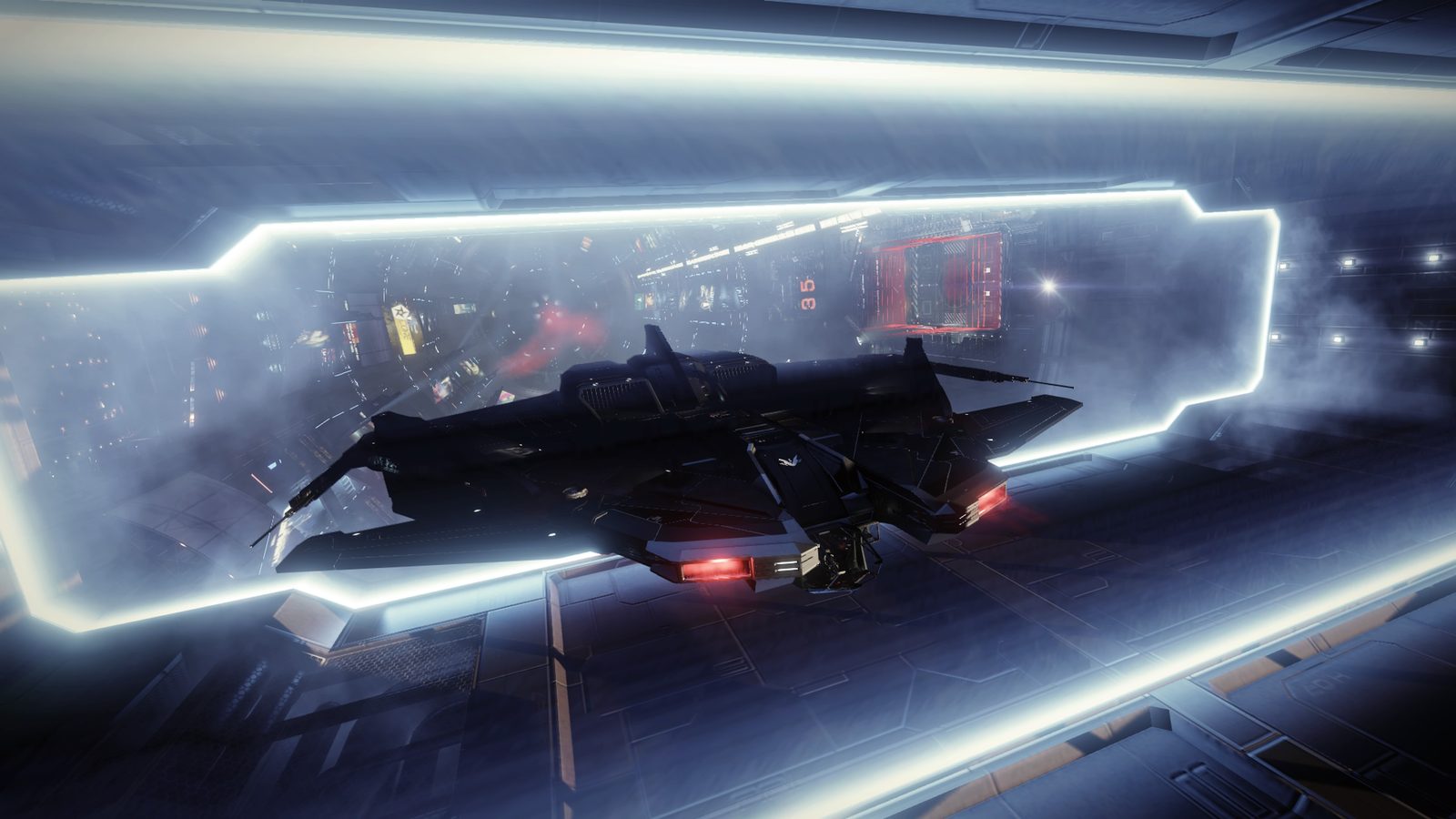 Ship framed by bright station lights and mist, strong visual impact.