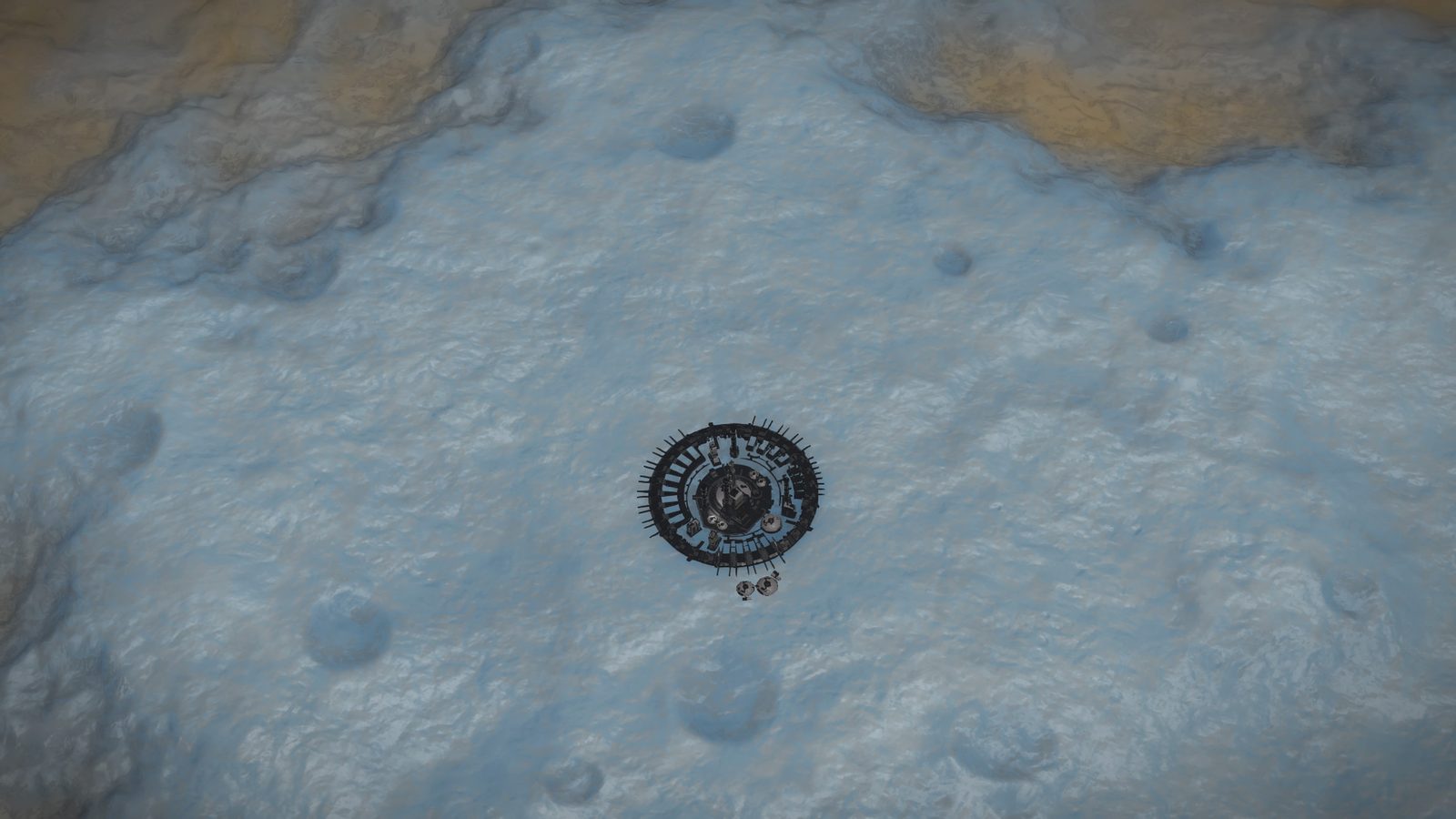 Detailed snowy terrain with circular structure, good composition