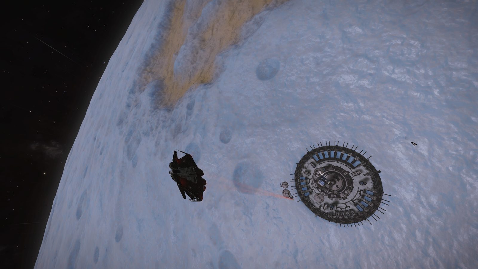 Ship near detailed planet surface and structure, strong scale