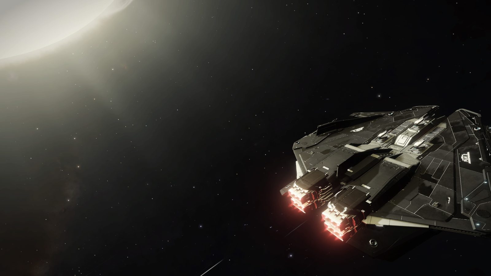 Ship with engine glow and sun flare, strong atmospheric effect