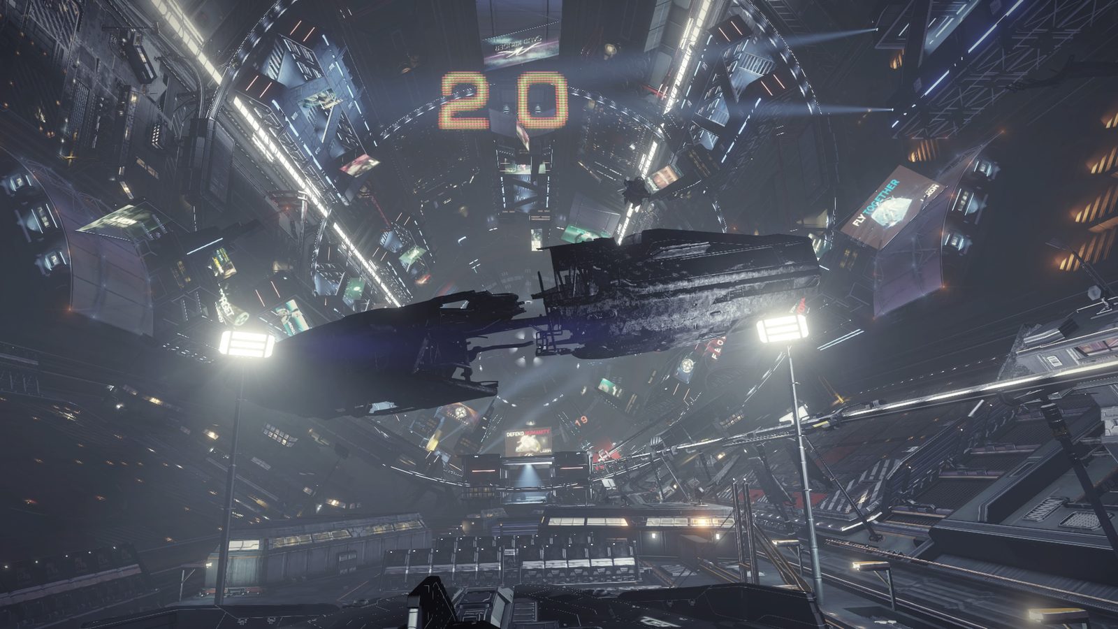 Good composition and lighting in a busy hangar environment.