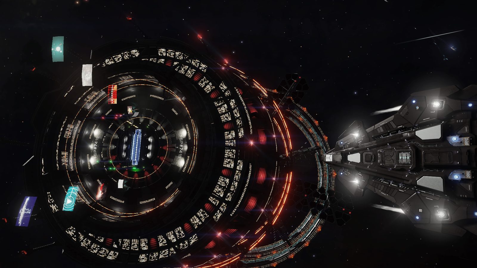 Detailed station and ship, vibrant lighting.