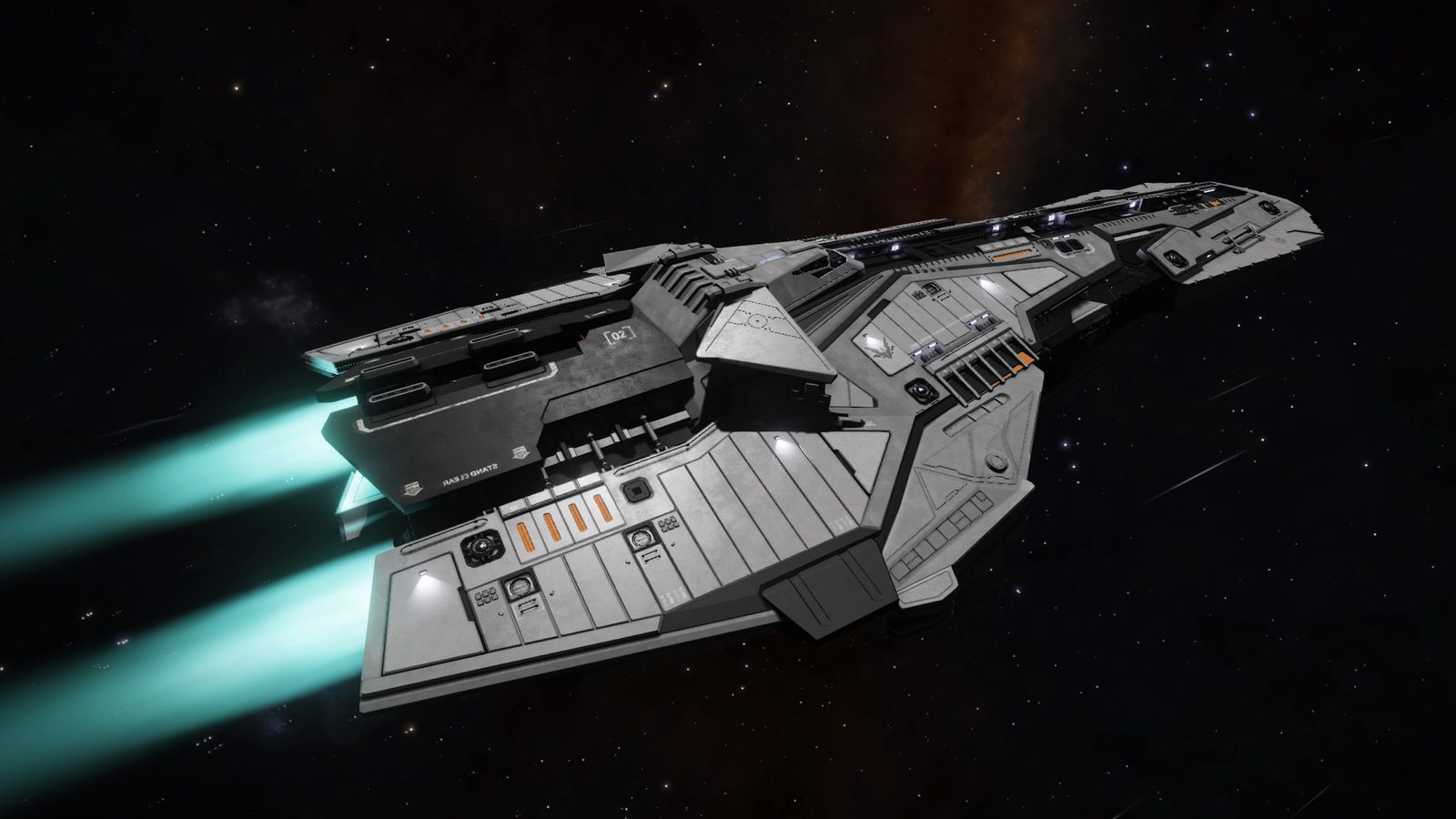 Well-lit ship with visible thrusters in space