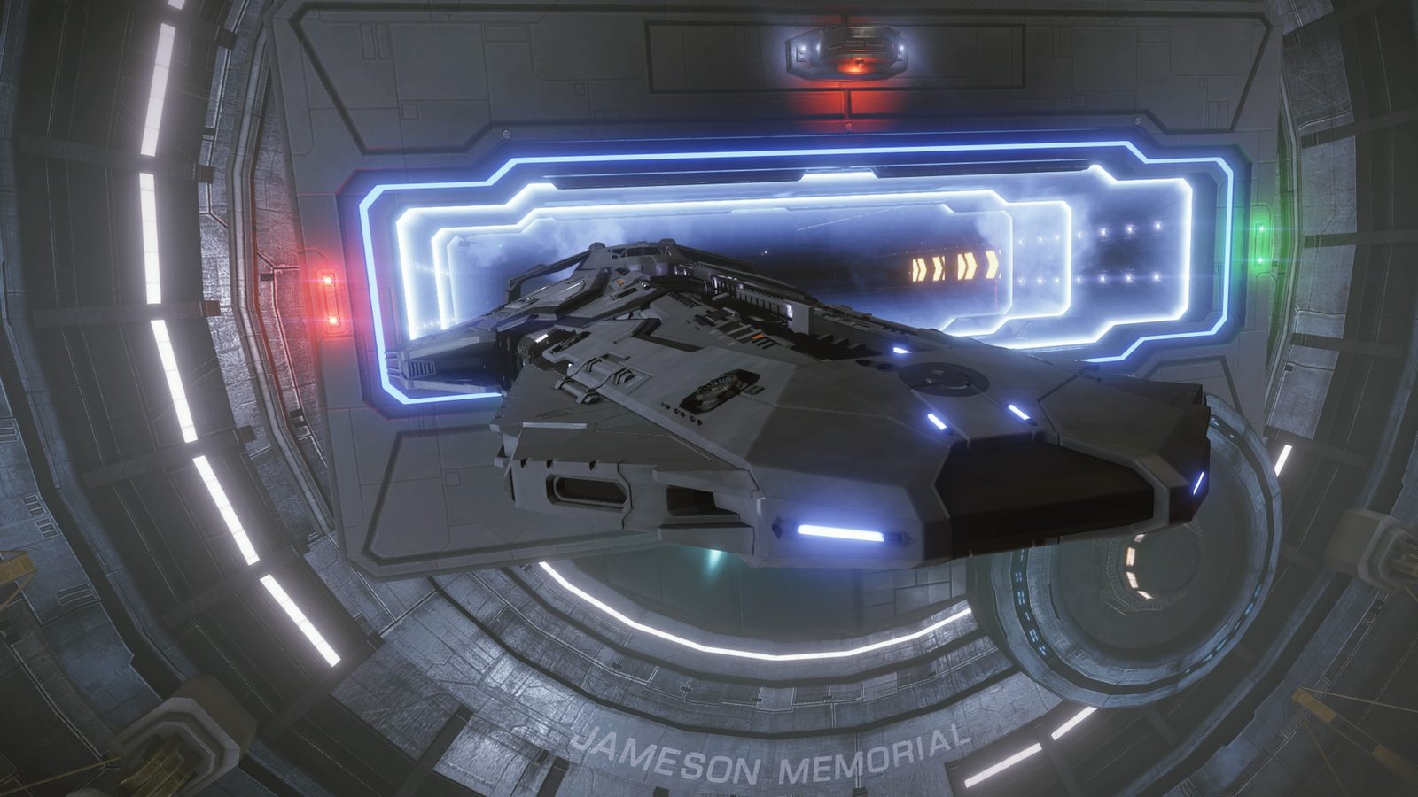 Ship in station bay with atmospheric lighting