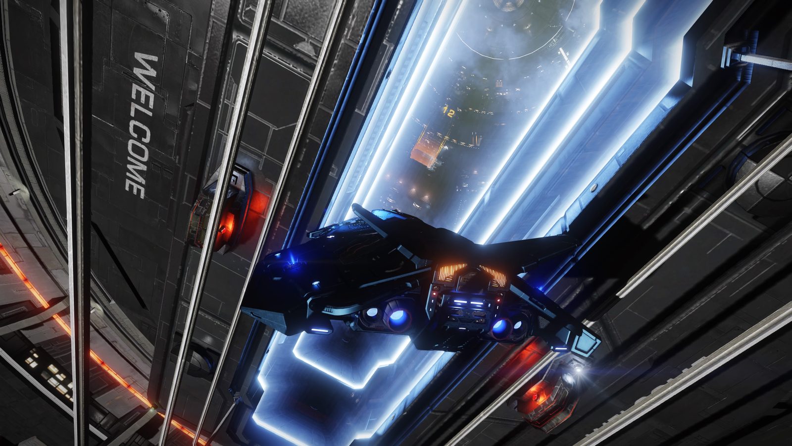 Ship docked or landing in station, neon lighting.