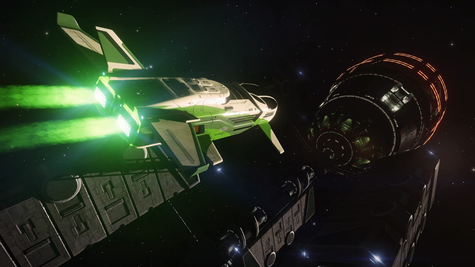 Ship flying near station with vibrant thruster glow.