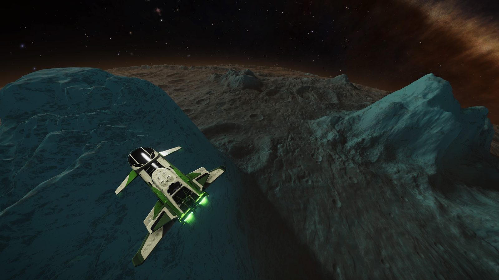 Well-composed ship over rocky terrain with clear detail and atmosphere.