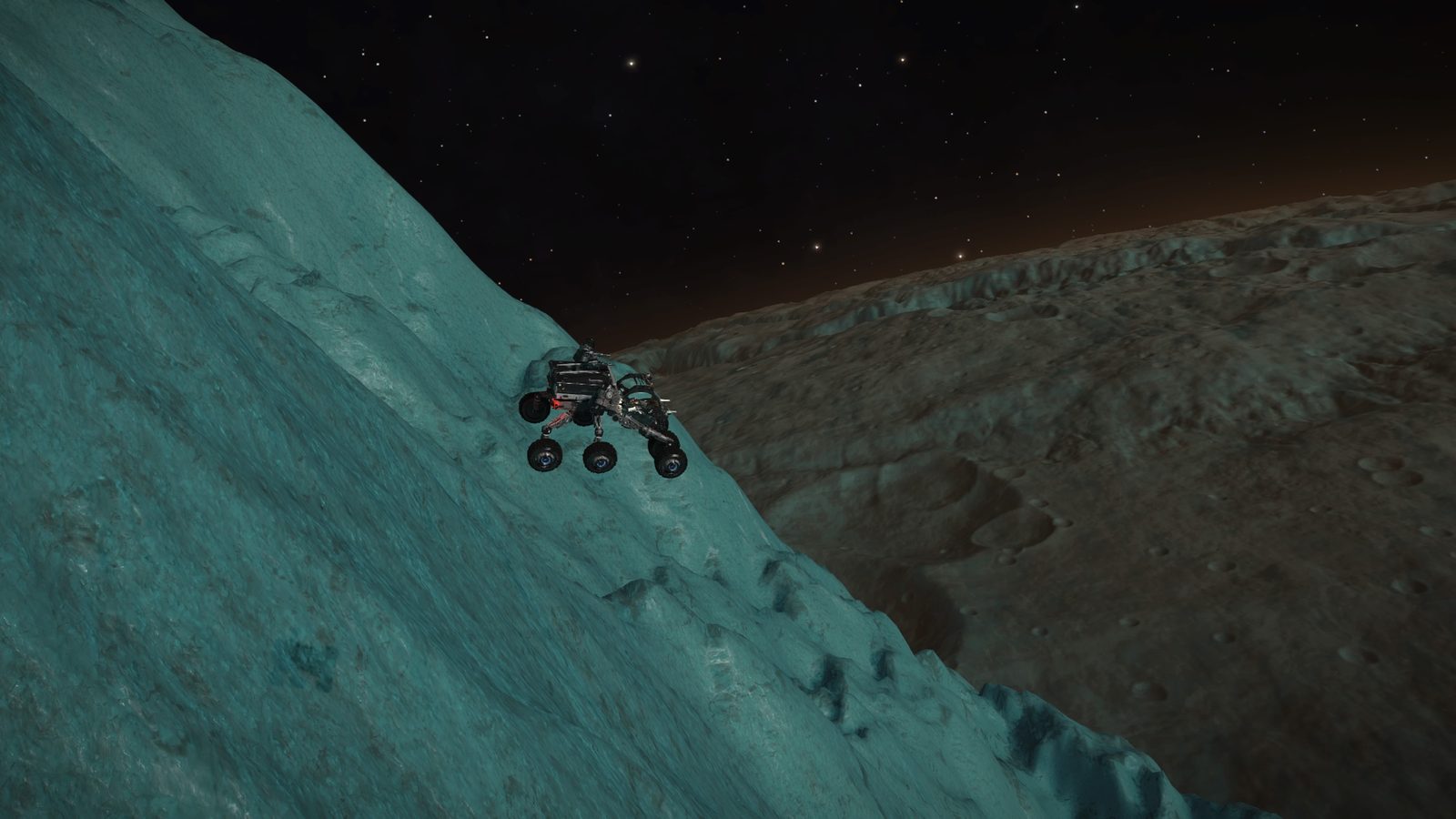 Rover climbing steep icy slope with detailed surface and starry sky.