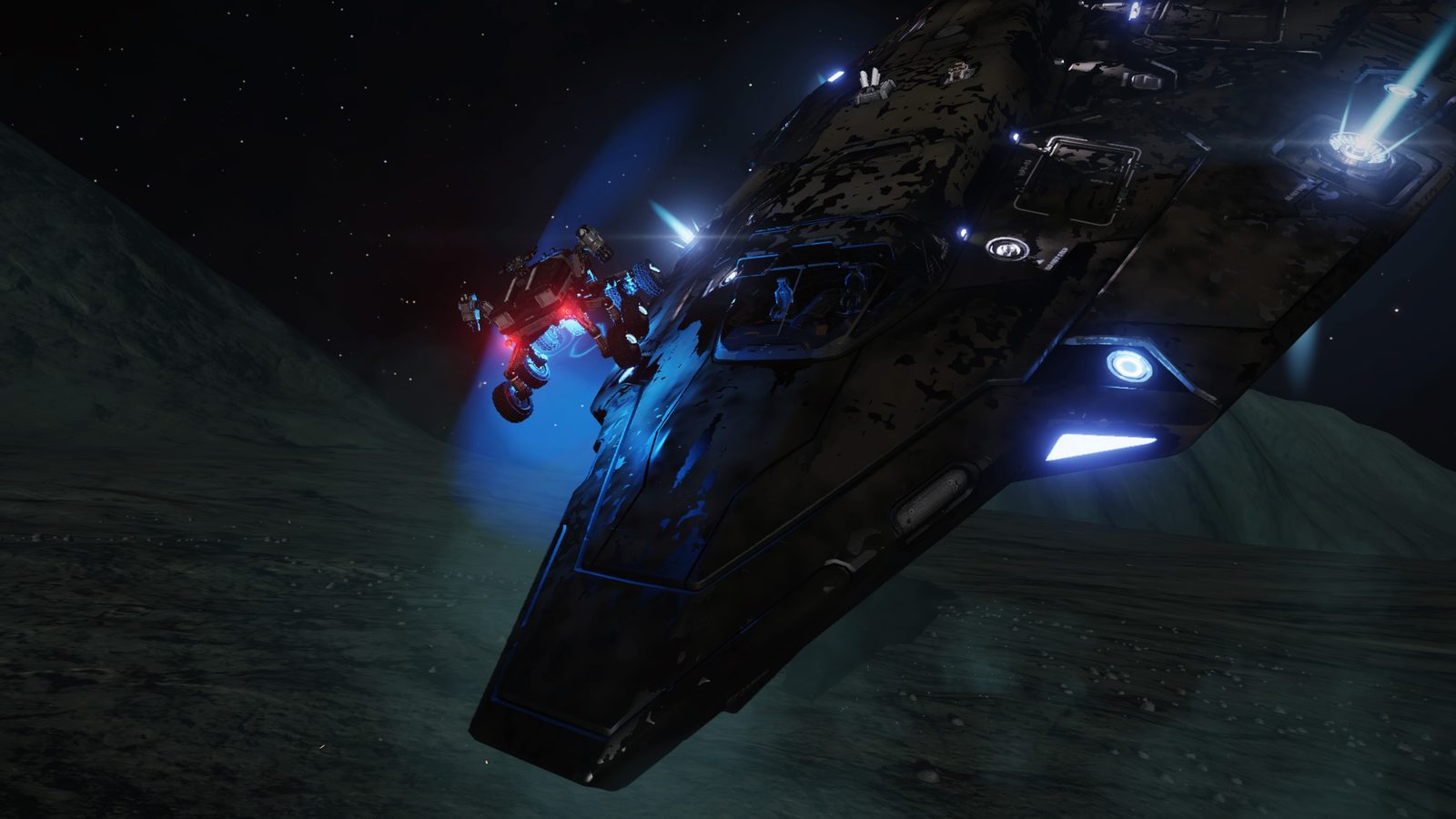 Atmospheric exterior ship view with strong lighting and background.