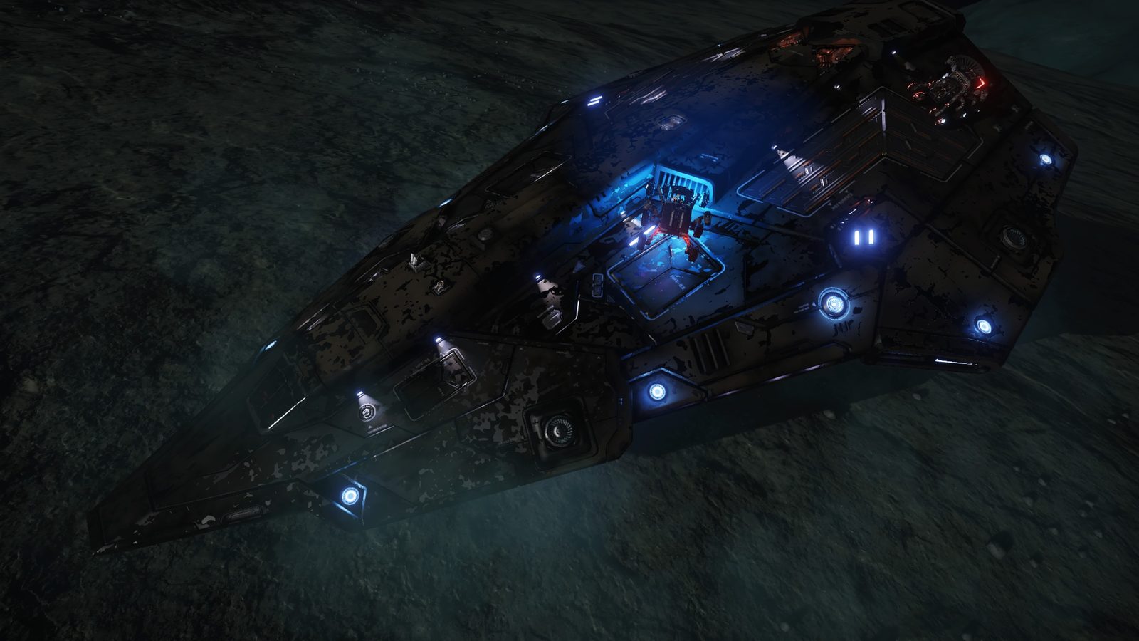Nighttime ship close-up with detailed lighting.