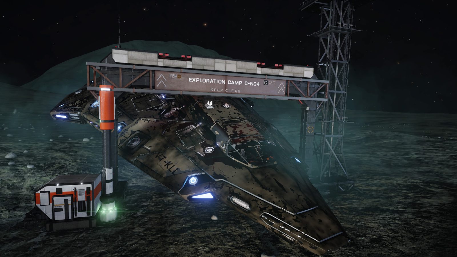 Ship at exploration camp with environmental context.