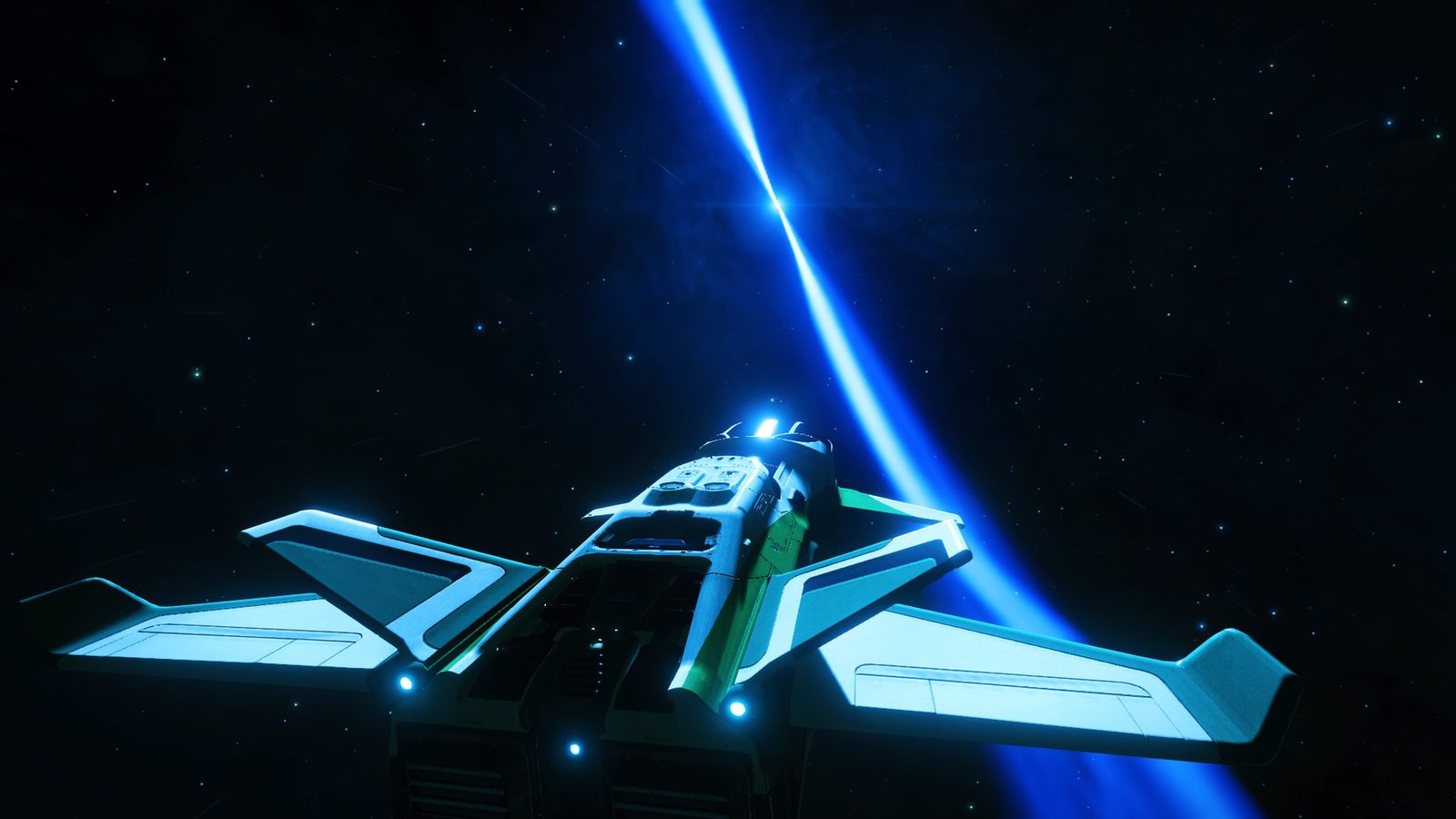 Ship near bright blue planet, dramatic lighting.