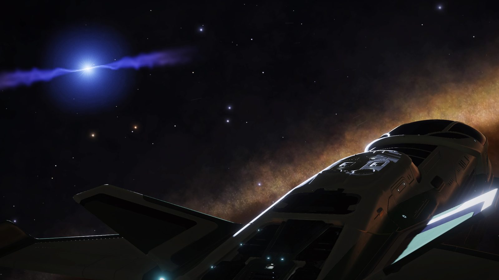 Close ship view with nebula and stars.