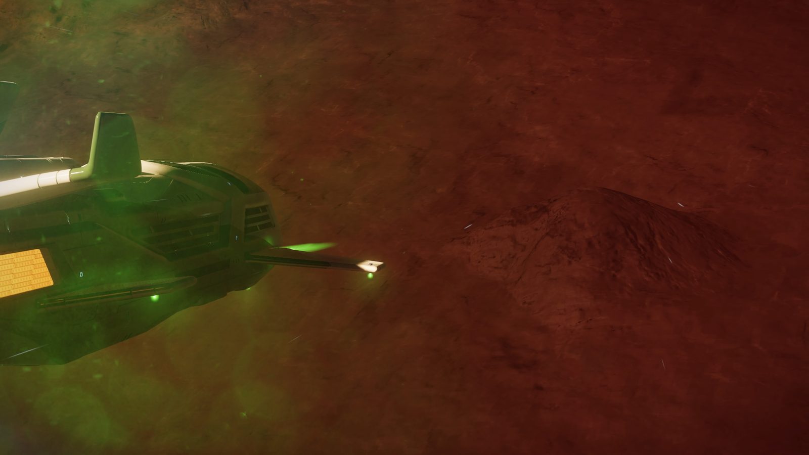 Atmospheric planetary approach with ship silhouette.
