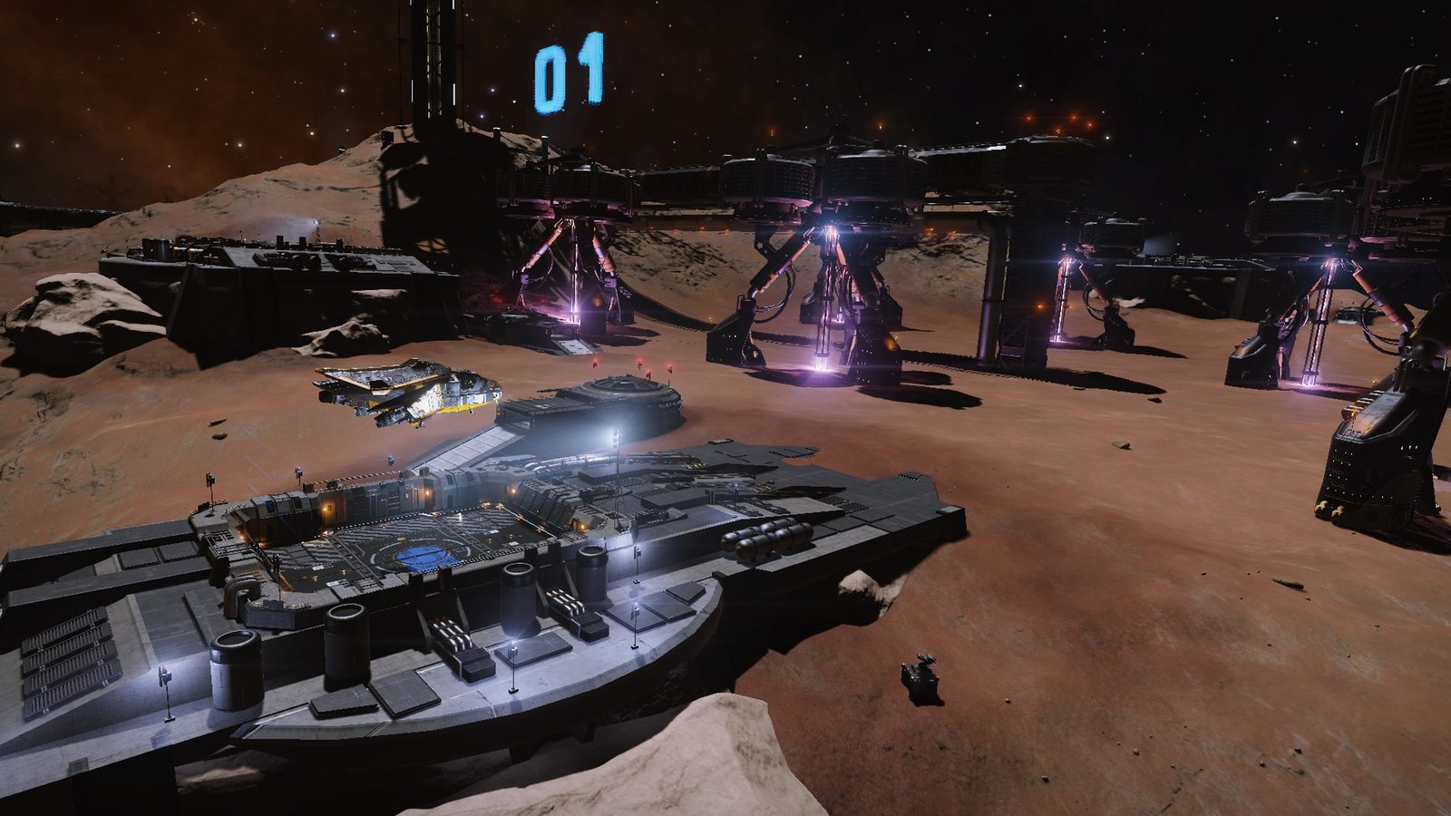 Surface base with ships and lighting on a rocky planet.