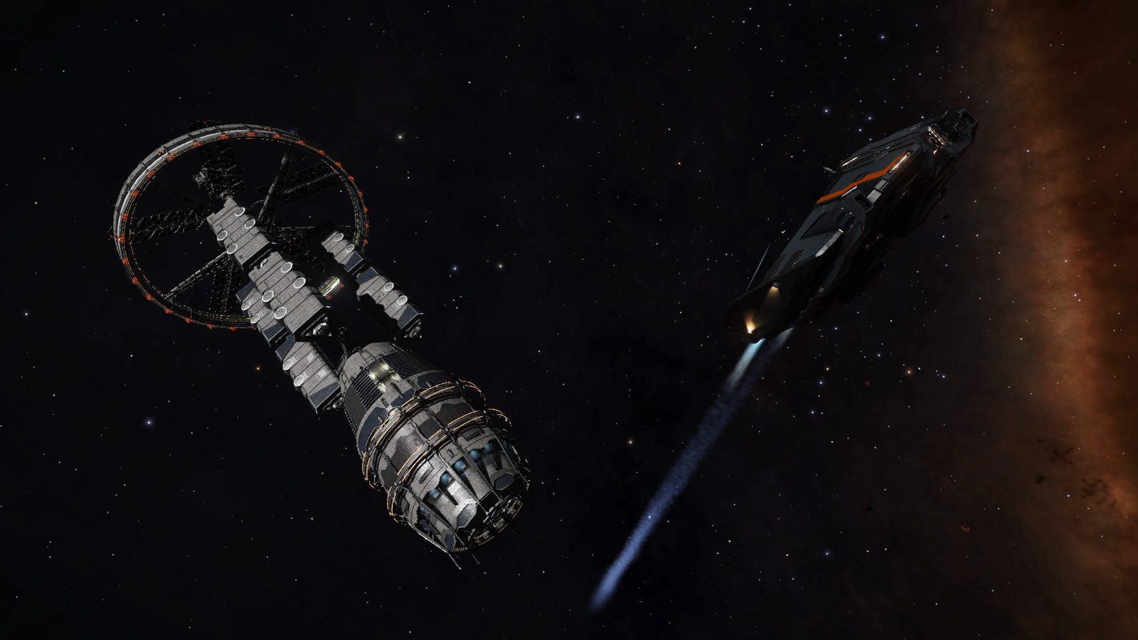 Ship near a large space station with good lighting and background contrast.