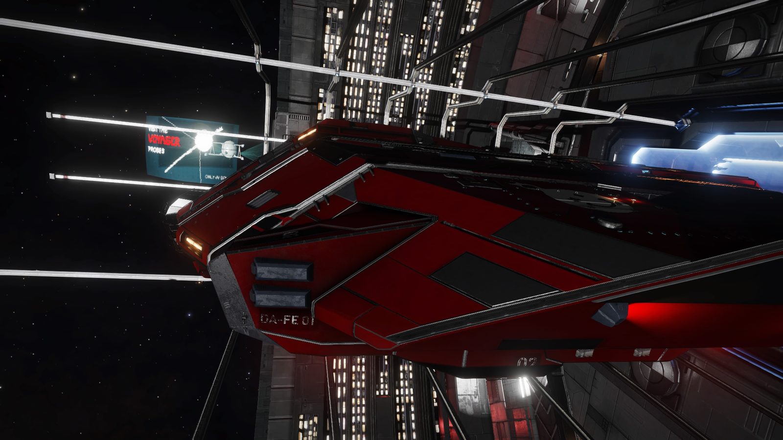 Close-up of a red ship docked or near a station with strong lighting contrast.