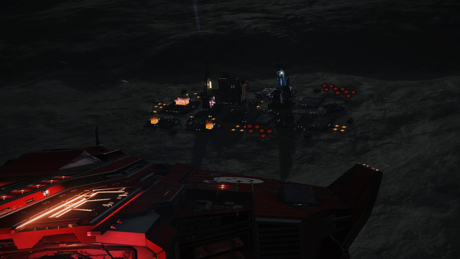 Nighttime base scene with good scale and lighting.