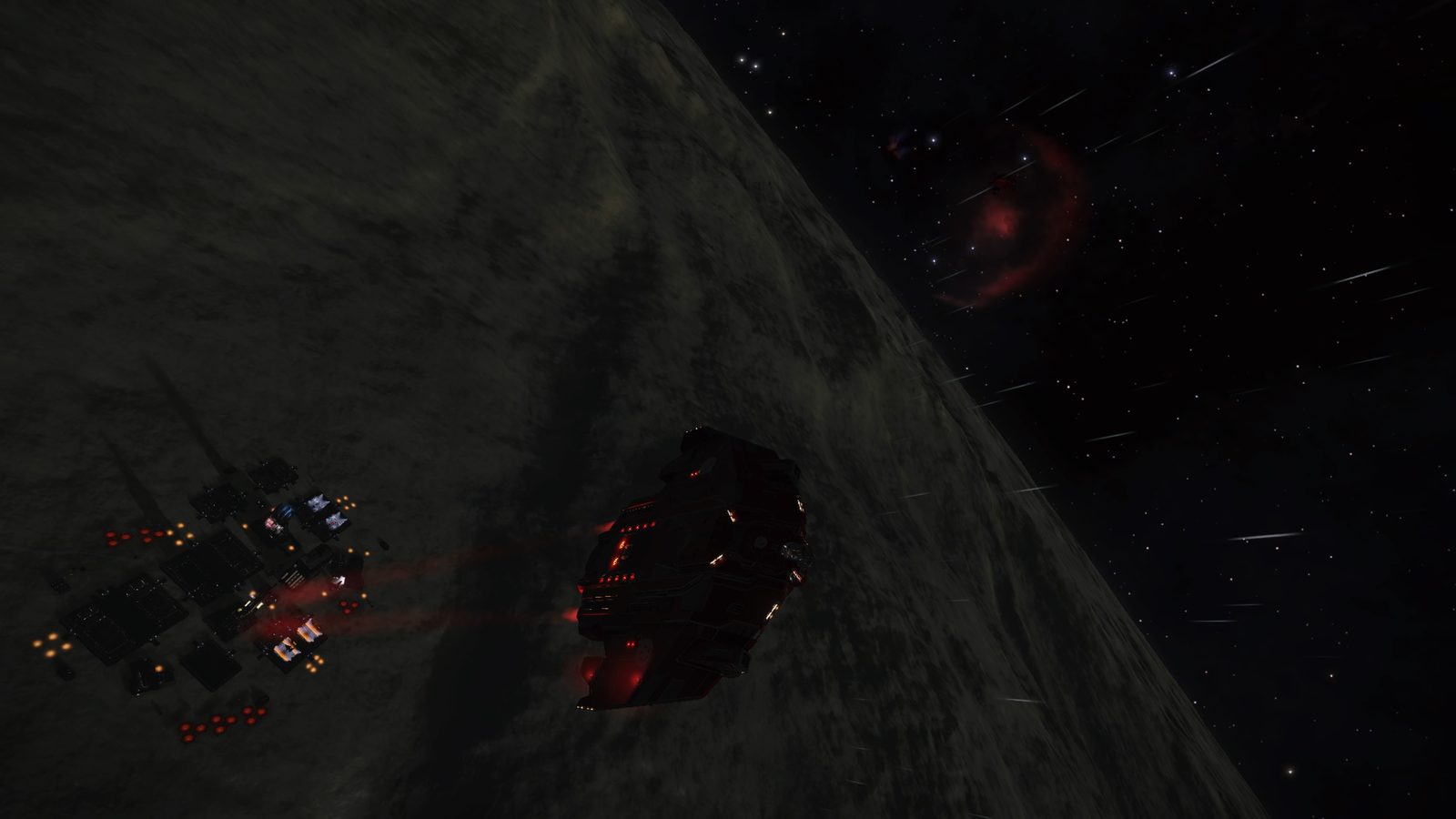 Station orbiting planet with starfield and nebula.