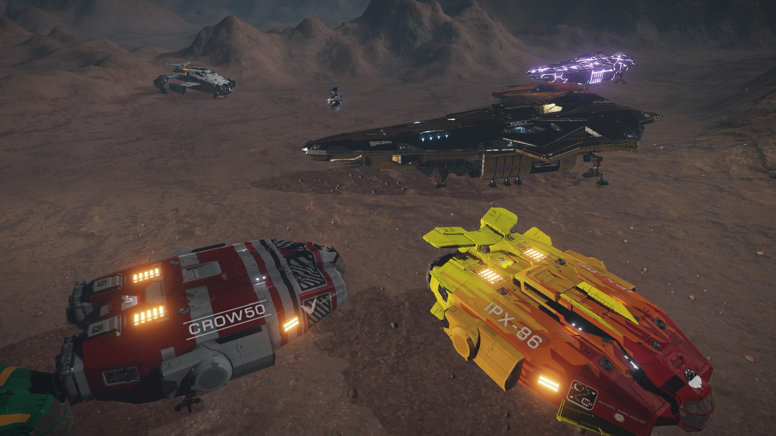 Close-up of varied ships on planetary surface with good lighting and detail.