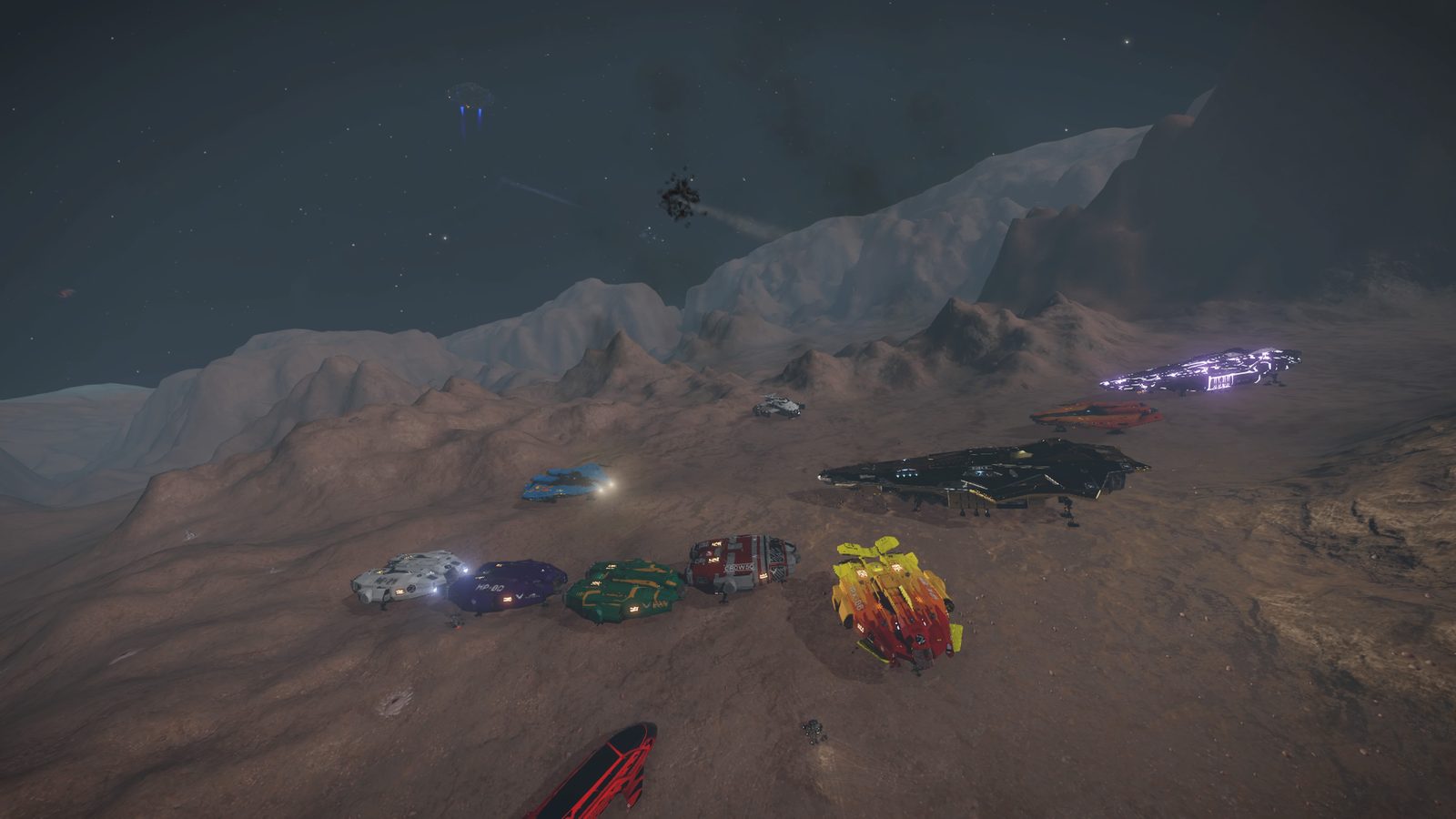 Wide scenic shot with ships on rugged terrain under night sky.