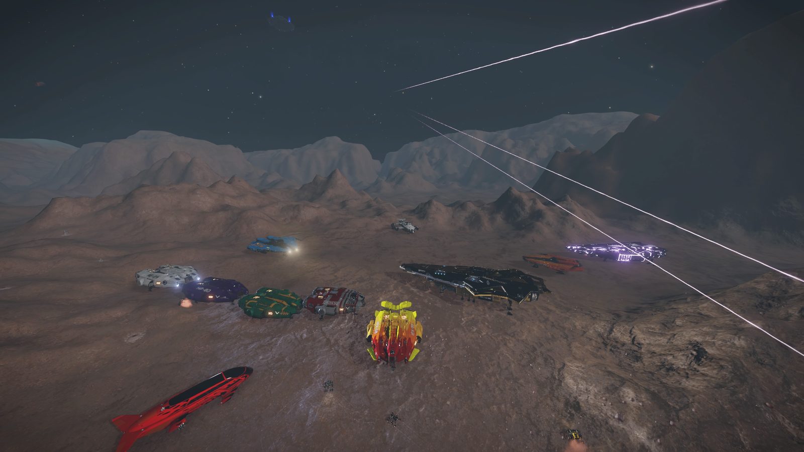 Wide terrain view with ships and laser beams crossing the scene.