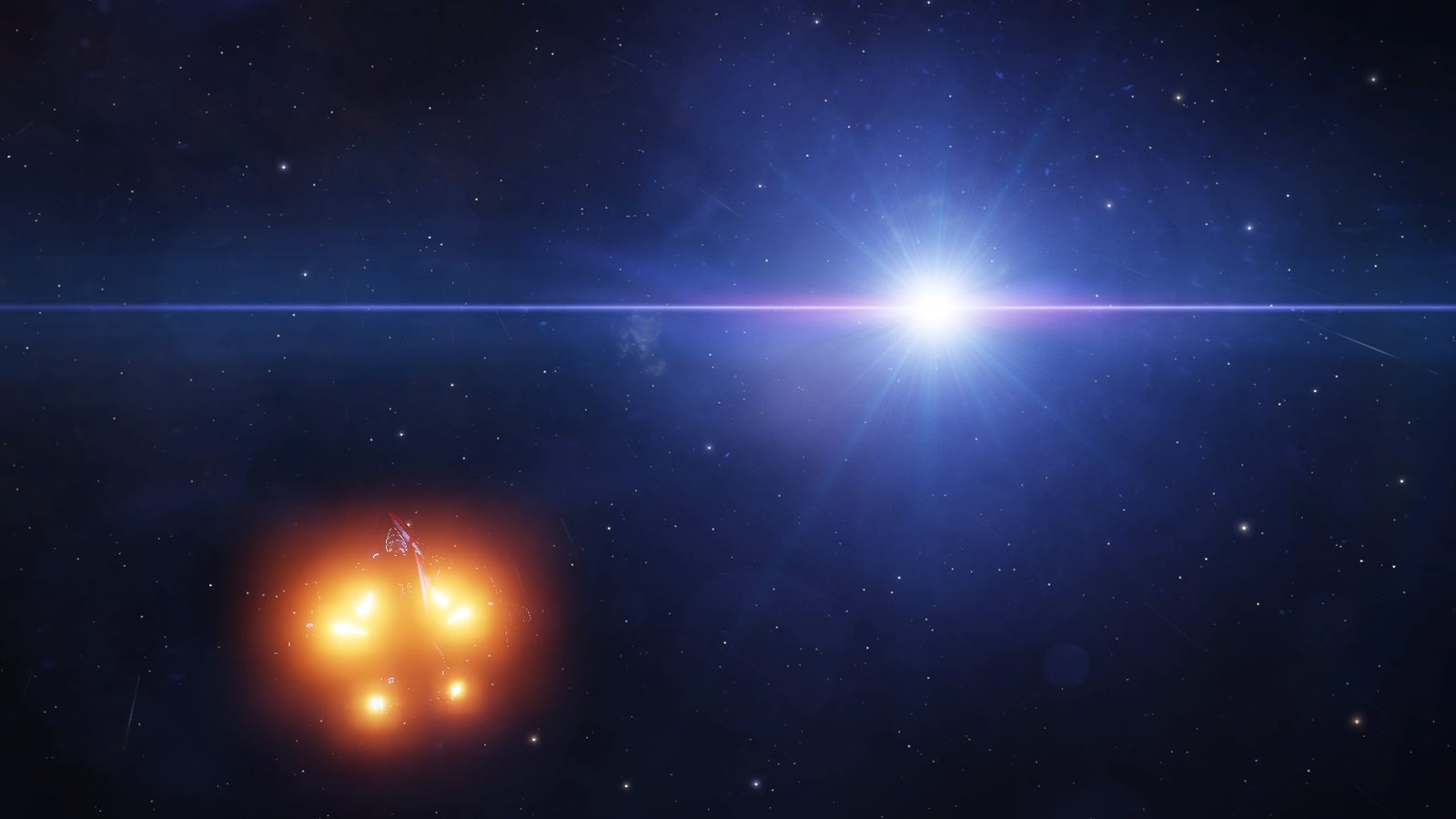 Space scene with bright star and ship flare, atmospheric