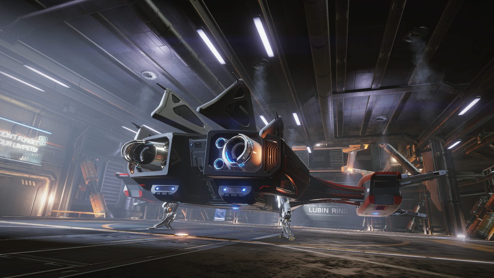 Well-lit hangar scene with clear ship focus.