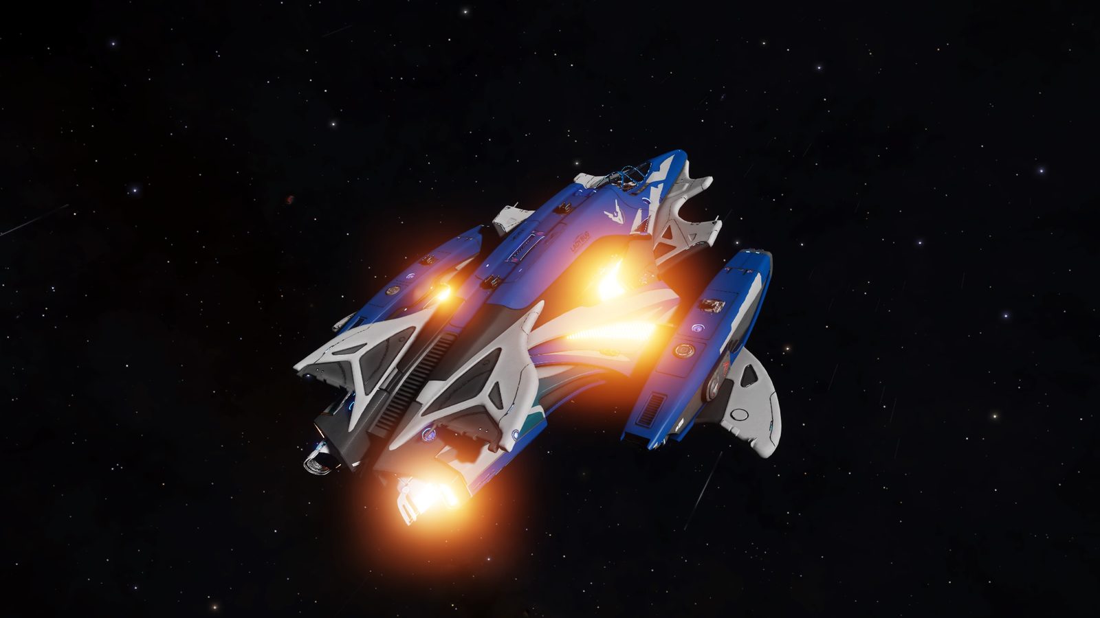 Isolated ship in space with vibrant engine effects.
