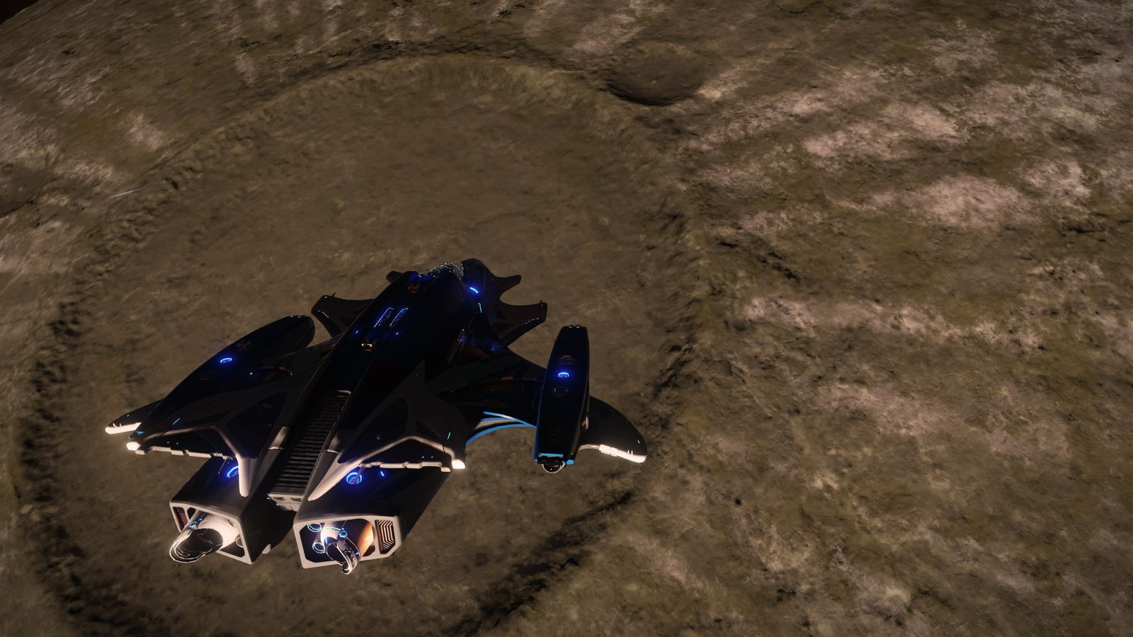 Surface landing scene with natural terrain and ship contrast.