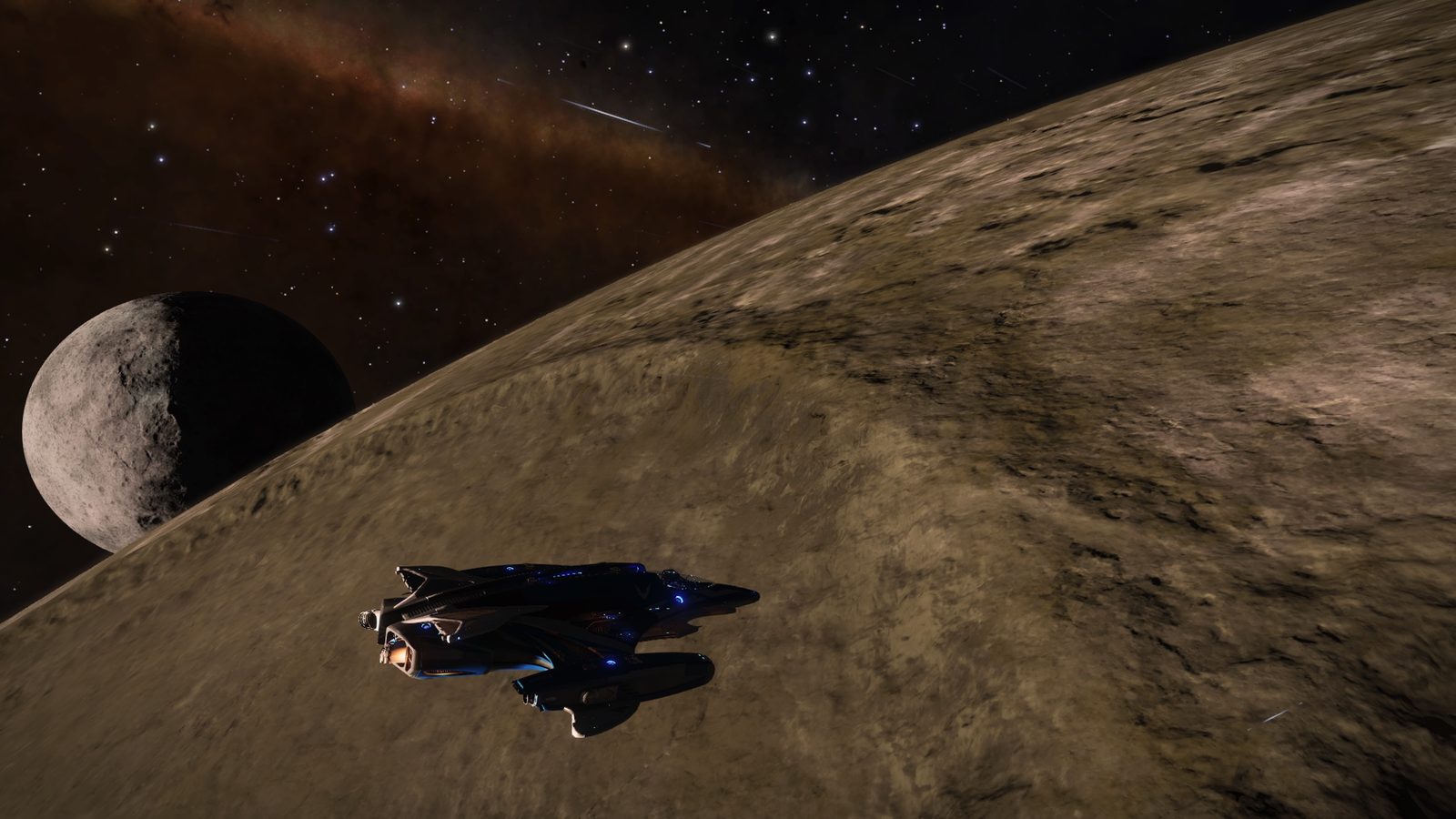 Expansive space scene showing planetary curvature and celestial bodies.