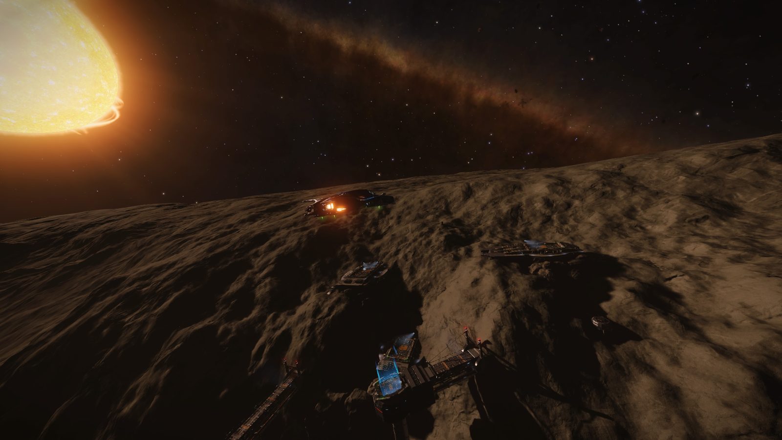 Complex terrain with man-made elements and star lighting