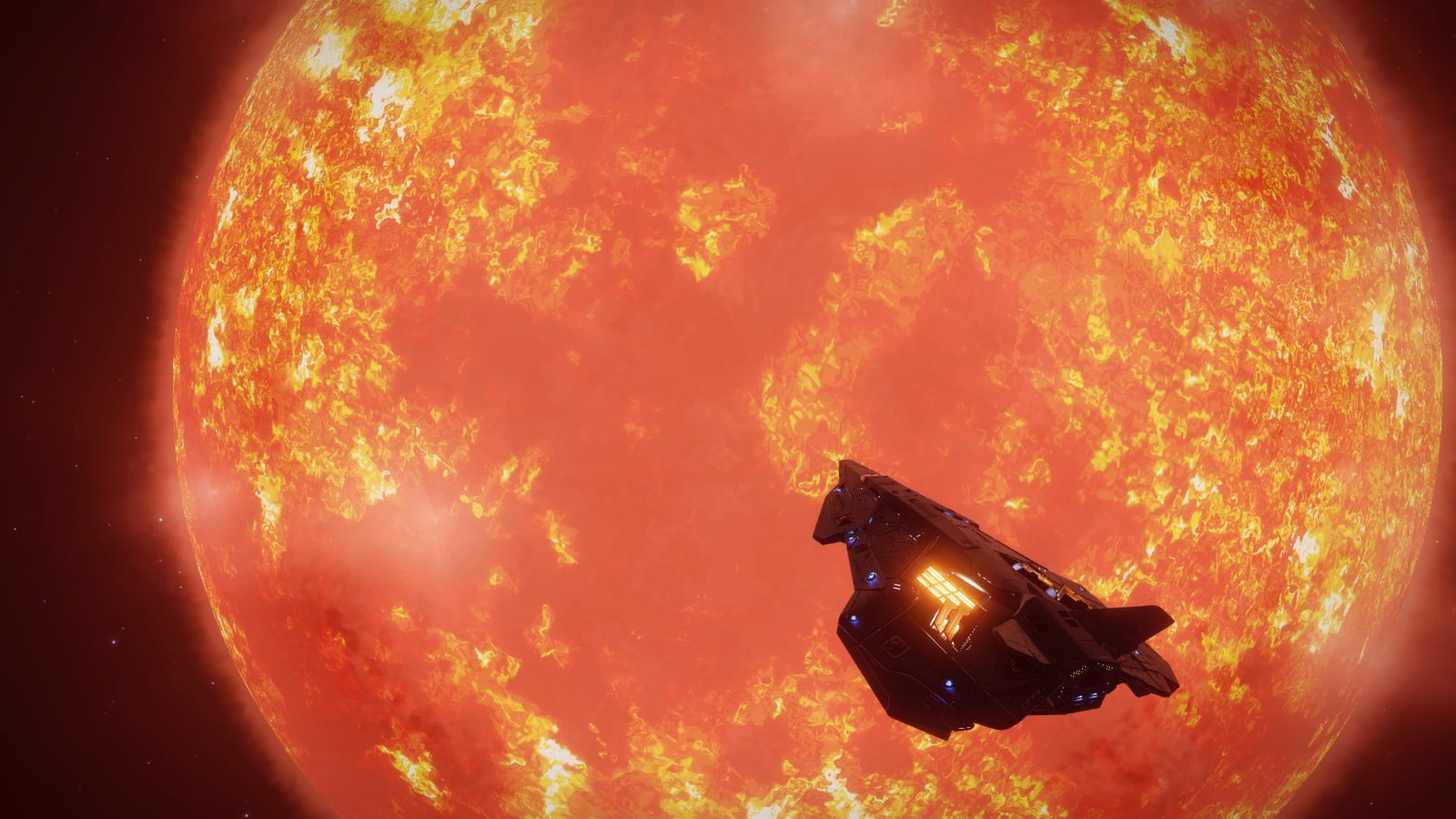 Ship silhouetted against a large, detailed star, strong color and scale.
