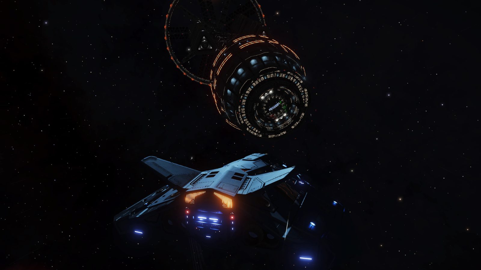 Dynamic scene showing ship and station interaction.