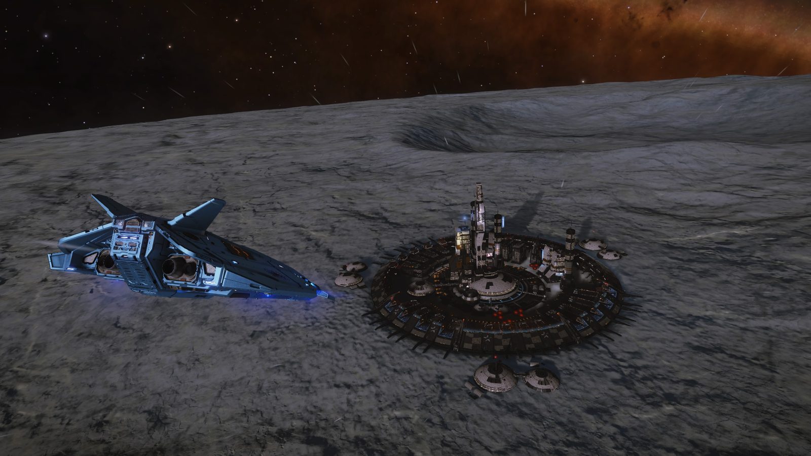 Well-composed surface scene with ship and base.