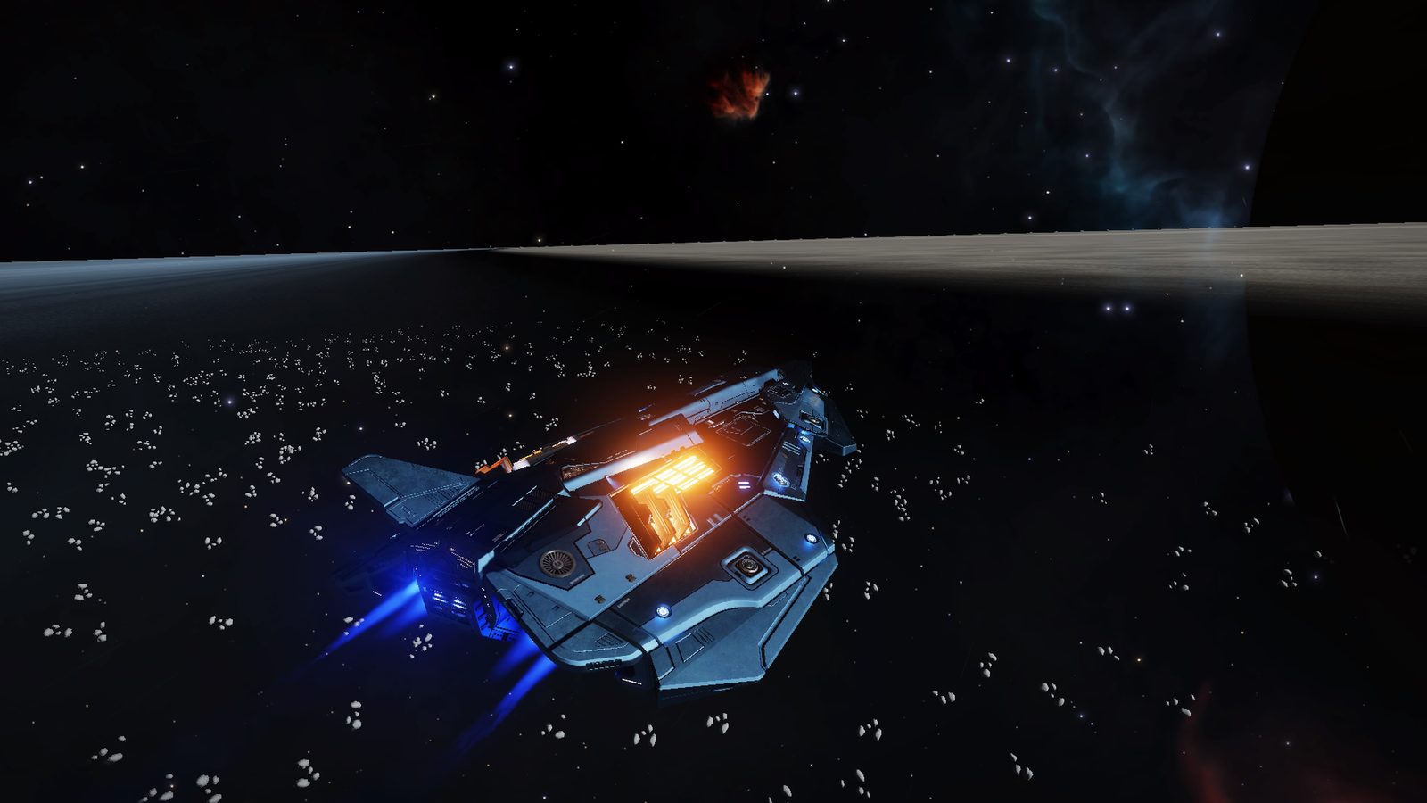 Strong space scene with ship and celestial features.