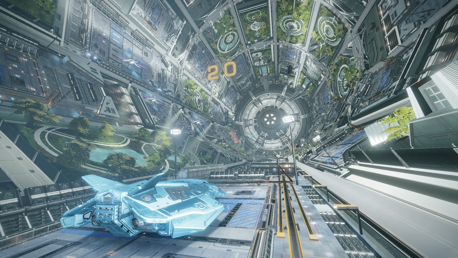 Detailed station interior with ship, immersive and visually rich.