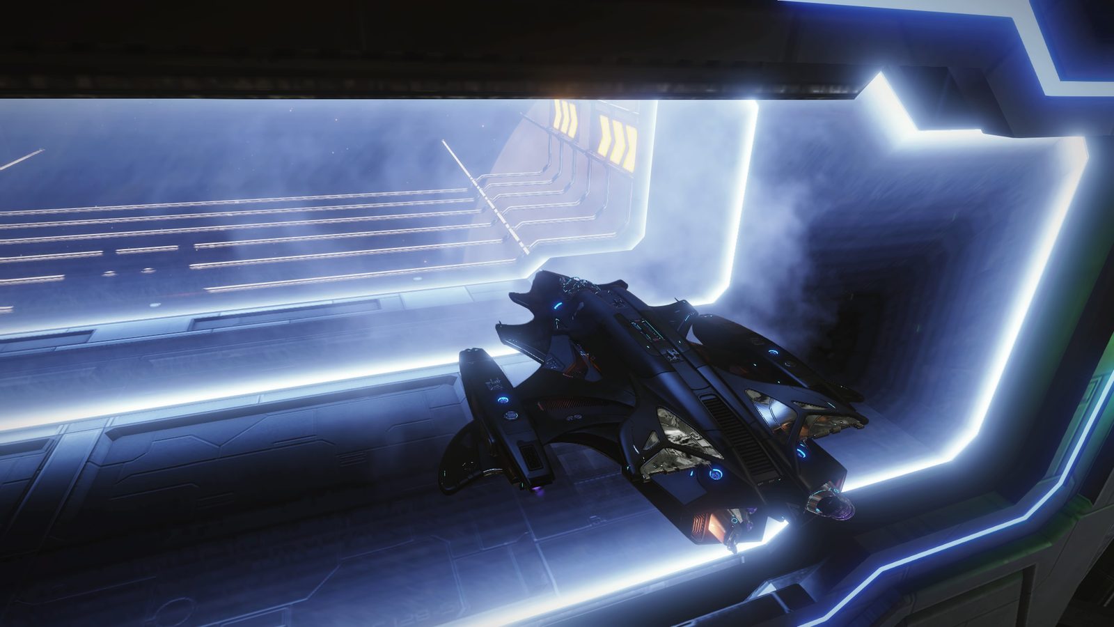 Neon lighting and ship create compelling sci-fi ambiance.