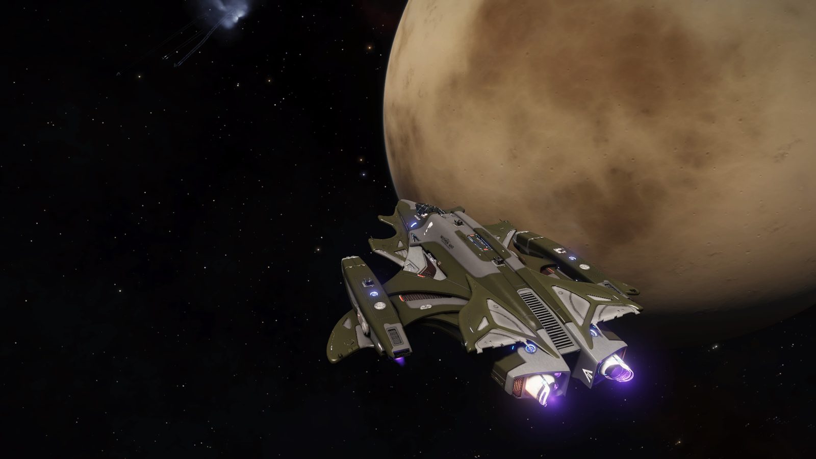 Ship with planet backdrop, good lighting and framing.