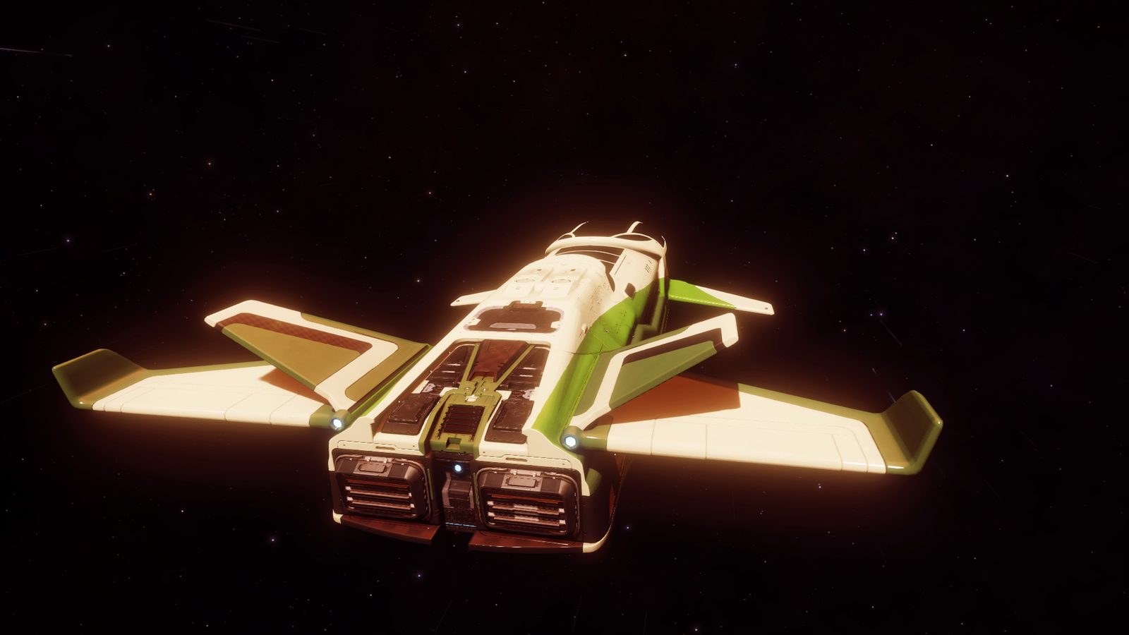 Ship backlit against dark space, minimal distractions.