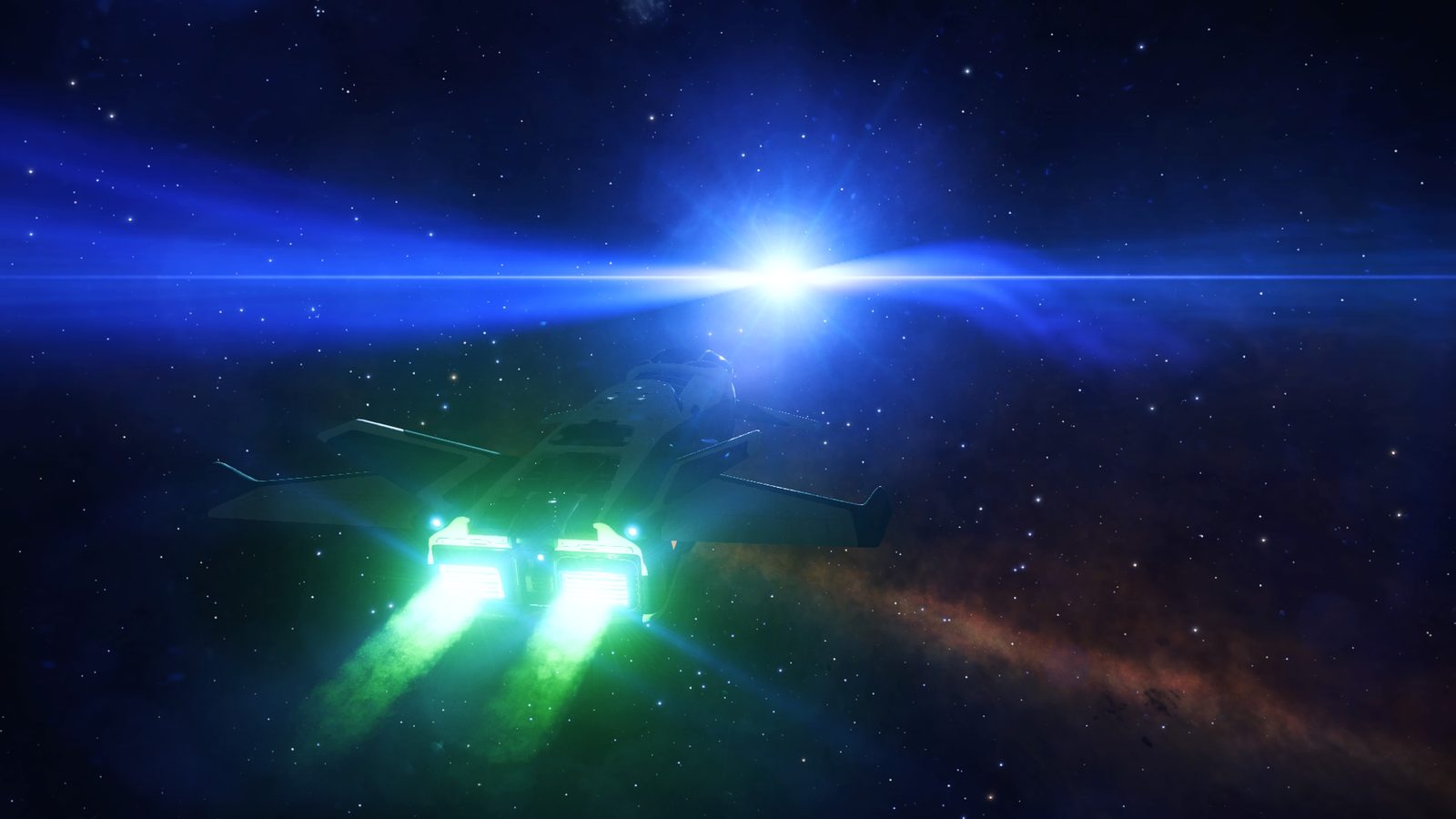 Thrusters glowing with vibrant star flare and nebula colors.