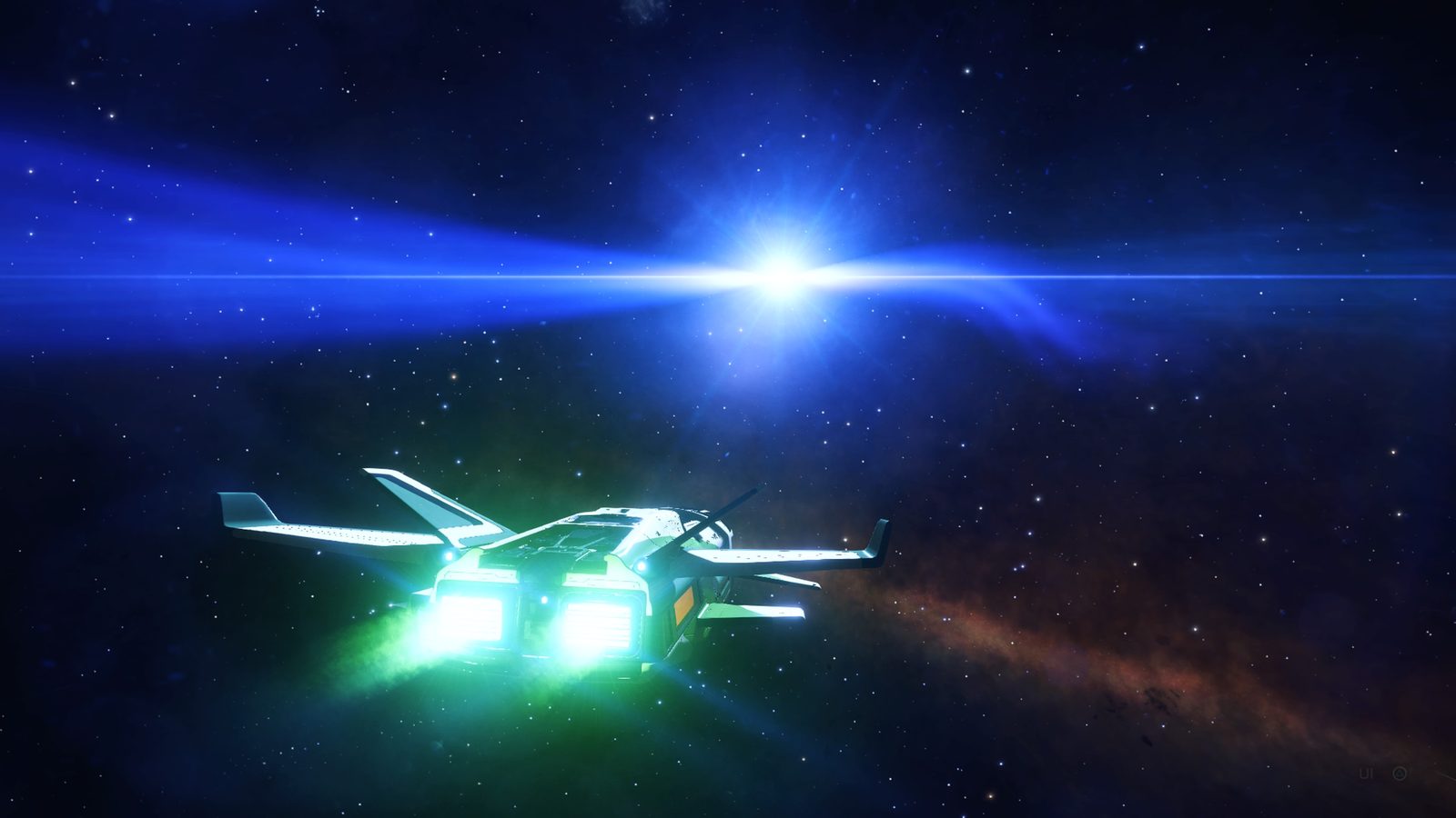 Ship thrusters and star flare with nebula, good composition.